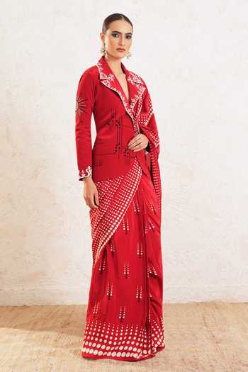 Buy Miku Kumar Red Crepe Collared Neck Vionna Printed Pre-draped Saree With Jacket Online at Aza Fashions Buy_Miku Kumar_Red Crepe Collared Neck Vionna Printed Pre-draped Saree With Jacket _Online_at_Aza_Fashions