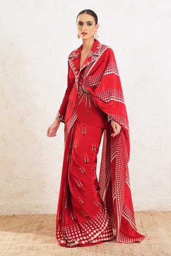 Buy Miku Kumar Red Crepe Collared Neck Vionna Printed Pre-draped Saree With Jacket Buy_Miku Kumar_Red Crepe Collared Neck Vionna Printed Pre-draped Saree With Jacket