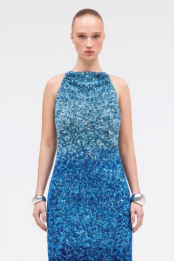 Sruti Dalmia Blue Satin, Viscose, Mesh, Polyester Cowl Neck Mireille Hand Embroidered Dress Online at Aza Fashions Sruti Dalmia_Blue Satin, Viscose, Mesh, Polyester Cowl Neck Mireille Hand Embroidered Dress _Online_at_Aza_Fashions