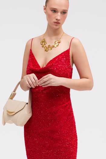 Sruti Dalmia Red Satin, Viscose Georgette Cowl Neck Valleria Dress Online at Aza Fashions Sruti Dalmia_Red Satin, Viscose Georgette Cowl Neck Valleria Dress _Online_at_Aza_Fashions