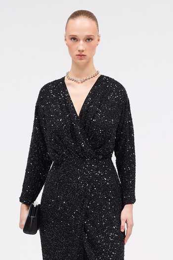 Sruti Dalmia Black Viscose Georgette V-neck Midnight Mirage Wrap Dress Online at Aza Fashions Sruti Dalmia_Black Viscose Georgette V-neck Midnight Mirage Wrap Dress _Online_at_Aza_Fashions