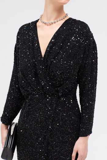 Buy Sruti Dalmia Black Viscose Georgette V-neck Midnight Mirage Wrap Dress Online at Aza Fashions Buy_Sruti Dalmia_Black Viscose Georgette V-neck Midnight Mirage Wrap Dress _Online_at_Aza_Fashions