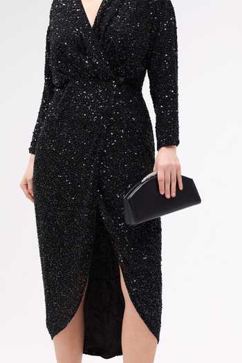 Shop Sruti Dalmia Black Viscose Georgette V-neck Midnight Mirage Wrap Dress Online at Aza Fashions Shop_Sruti Dalmia_Black Viscose Georgette V-neck Midnight Mirage Wrap Dress _Online_at_Aza_Fashions