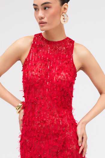 Buy_Sruti Dalmia_Red Mesh, Polyester High Neck Lush Eclipse Hand Embroidered Dress _Online_at_Aza_Fashions