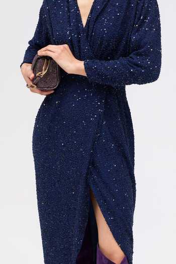 Sruti Dalmia_Blue Viscose Georgette V-neck Ravelle Sequin Embroidered Dress _Online_at_Aza_Fashions