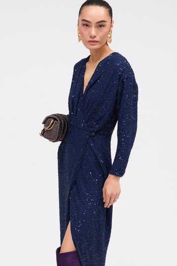 Buy_Sruti Dalmia_Blue Viscose Georgette V-neck Ravelle Sequin Embroidered Dress _Online_at_Aza_Fashions