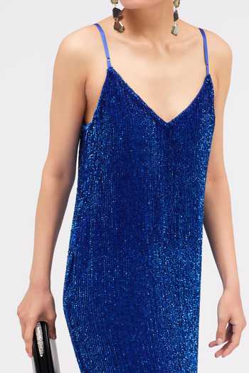 Buy Sruti Dalmia Blue Viscose Georgette V-neck Dusk Mirage Sequin Embroidered Dress Online at Aza Fashions Buy_Sruti Dalmia_Blue Viscose Georgette V-neck Dusk Mirage Sequin Embroidered Dress _Online_at_Aza_Fashions