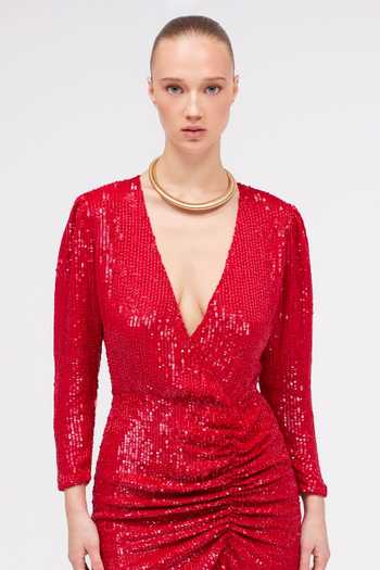 Sruti Dalmia Red Viscose Georgette V-neck Shimmering Hours Ruched Dress Online at Aza Fashions Sruti Dalmia_Red Viscose Georgette V-neck Shimmering Hours Ruched Dress _Online_at_Aza_Fashions