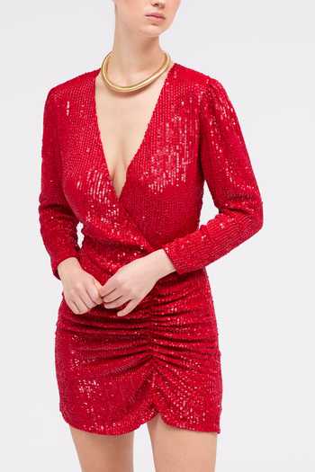 Buy Sruti Dalmia Red Viscose Georgette V-neck Shimmering Hours Ruched Dress Online at Aza Fashions Buy_Sruti Dalmia_Red Viscose Georgette V-neck Shimmering Hours Ruched Dress _Online_at_Aza_Fashions