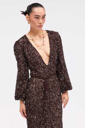 Sruti Dalmia Brown Satin, Viscose, Mesh V-, Plunge Twilight Veil Embroidered Dress Online at Aza Fashions Sruti Dalmia_Brown Satin, Viscose, Mesh V-, Plunge Twilight Veil Embroidered Dress _Online_at_Aza_Fashions
