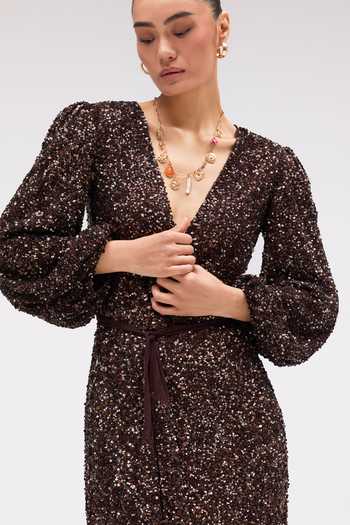 Buy Sruti Dalmia Brown Satin, Viscose, Mesh V-, Plunge Twilight Veil Embroidered Dress Online at Aza Fashions Buy_Sruti Dalmia_Brown Satin, Viscose, Mesh V-, Plunge Twilight Veil Embroidered Dress _Online_at_Aza_Fashions