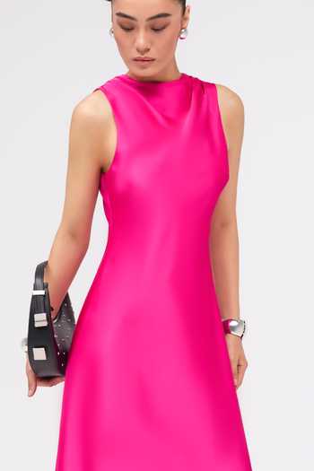 Sruti Dalmia_Pink Satin, Polyester Cowl Neck Evenings Promise Dress _Online_at_Aza_Fashions