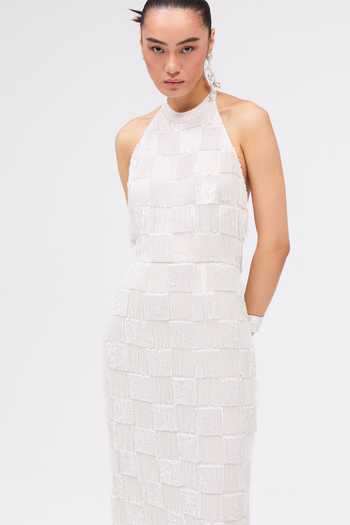 Buy_Sruti Dalmia_White Viscose Georgette Halter Neck Dune Of Stars Dress _Online_at_Aza_Fashions