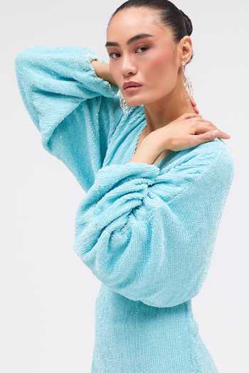 Sruti Dalmia Blue , Georgette V-neck Whispered Stardust Embroidered Dress Online at Aza Fashions Sruti Dalmia_Blue , Georgette V-neck Whispered Stardust Embroidered Dress _Online_at_Aza_Fashions