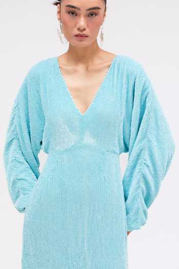 Buy Sruti Dalmia Blue , Georgette V-neck Whispered Stardust Embroidered Dress Online at Aza Fashions Buy_Sruti Dalmia_Blue , Georgette V-neck Whispered Stardust Embroidered Dress _Online_at_Aza_Fashions