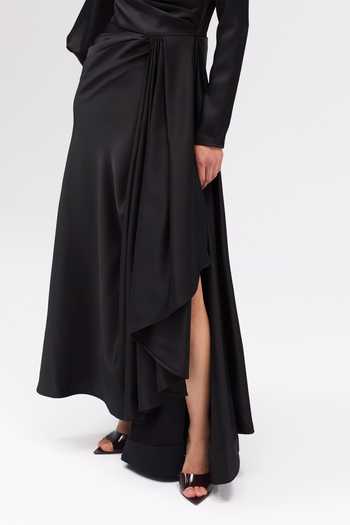 Sruti Dalmia_Black Satin, Polyester Cowl Neck Dusk Allure Draped Dress _Online_at_Aza_Fashions