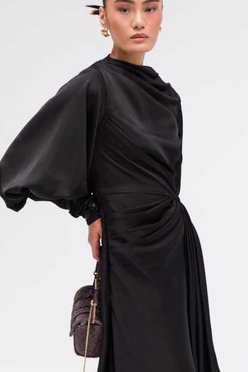 Buy_Sruti Dalmia_Black Satin, Polyester Cowl Neck Dusk Allure Draped Dress _Online_at_Aza_Fashions
