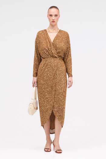 Sruti Dalmia Gold Viscose Georgette V-neck Starwoven Hand Embroidered Dress Online at Aza Fashions Sruti Dalmia_Gold Viscose Georgette V-neck Starwoven Hand Embroidered Dress _Online_at_Aza_Fashions