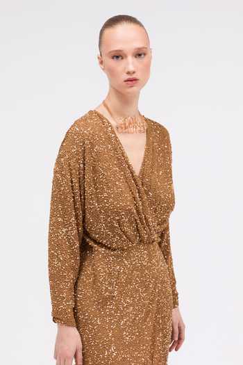 Buy Sruti Dalmia Gold Viscose Georgette V-neck Starwoven Hand Embroidered Dress Online at Aza Fashions Buy_Sruti Dalmia_Gold Viscose Georgette V-neck Starwoven Hand Embroidered Dress _Online_at_Aza_Fashions