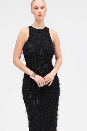 Sruti Dalmia Black Nylon, Mesh High Neck Celestine Aura Hand Embroidered Dress Online at Aza Fashions Sruti Dalmia_Black Nylon, Mesh High Neck Celestine Aura Hand Embroidered Dress _Online_at_Aza_Fashions