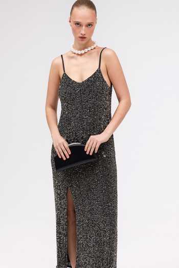 Sruti Dalmia Black Viscose Georgette V-neck Marielle Star Embroidered Dress Online at Aza Fashions Sruti Dalmia_Black Viscose Georgette V-neck Marielle Star Embroidered Dress _Online_at_Aza_Fashions