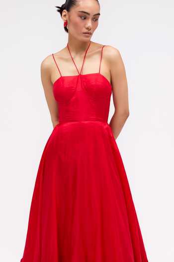 Sruti Dalmia_Red Silk, Cotton, Mesh, Nylon Halter Neck Thalia Rose Criss Cross Dress _Online_at_Aza_Fashions