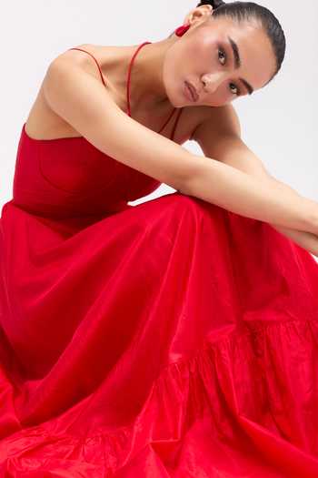 Buy_Sruti Dalmia_Red Silk, Cotton, Mesh, Nylon Halter Neck Thalia Rose Criss Cross Dress _Online_at_Aza_Fashions