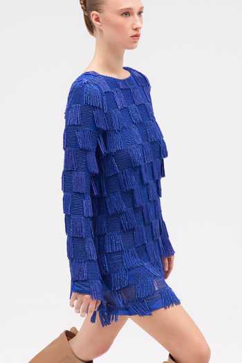 Sruti Dalmia_Blue Satin, Viscose, Mesh, Nylon Round Neck Liora Belle Hand Embroidered Dress _Online_at_Aza_Fashions
