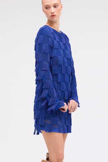 Buy_Sruti Dalmia_Blue Satin, Viscose, Mesh, Nylon Round Neck Liora Belle Hand Embroidered Dress _Online_at_Aza_Fashions