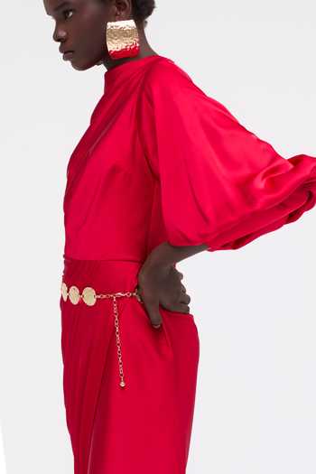 Sruti Dalmia Red Satin, Polyester High Neck Velvetine Draped Dress Online at Aza Fashions Sruti Dalmia_Red Satin, Polyester High Neck Velvetine Draped Dress _Online_at_Aza_Fashions