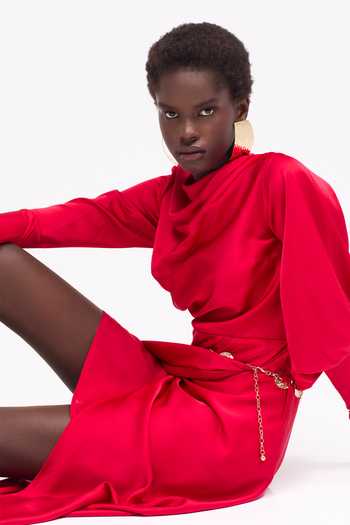 Buy Sruti Dalmia Red Satin, Polyester High Neck Velvetine Draped Dress Online at Aza Fashions Buy_Sruti Dalmia_Red Satin, Polyester High Neck Velvetine Draped Dress _Online_at_Aza_Fashions