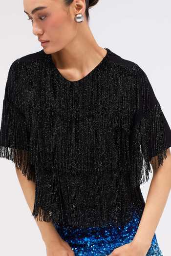 Buy_Sruti Dalmia_Black Crepe, Viscose Round Neck Celestive Hand Embroidered Top _Online_at_Aza_Fashions