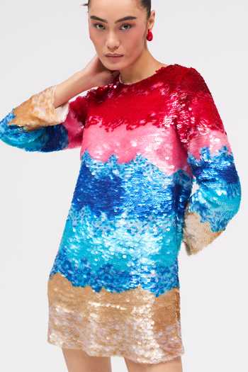 Sruti Dalmia Multi Color Viscose, Mesh, Nylon Round Neck Seraphine Hand Embroidered Dress Online at Aza Fashions Sruti Dalmia_Multi Color Viscose, Mesh, Nylon Round Neck Seraphine Hand Embroidered Dress _Online_at_Aza_Fashions