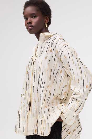 Shop_Sruti Dalmia_Beige Silk Collared Neck Amara Embroidered Shirt _Online_at_Aza_Fashions