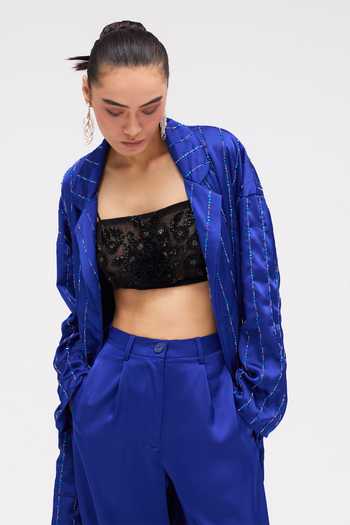 Sruti Dalmia Blue Crepe, Satin, Viscose Celina Hand Embroidered Trench Coat Online at Aza Fashions Sruti Dalmia_Blue Crepe, Satin, Viscose Celina Hand Embroidered Trench Coat _Online_at_Aza_Fashions
