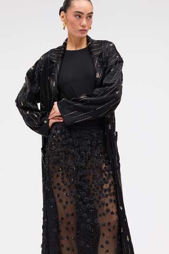 Sruti Dalmia Black Crepe, Satin, Viscose, Jersey Noire Hand Embroidered Trench Coat Online at Aza Fashions Sruti Dalmia_Black Crepe, Satin, Viscose, Jersey Noire Hand Embroidered Trench Coat _Online_at_Aza_Fashions
