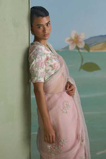 Summer By Priyanka Gupta Pink Chanderi, Organza V-neck Alice Dori Embroidered Saree With Blouse Online at Aza Fashions Summer By Priyanka Gupta_Pink Chanderi, Organza V-neck Alice Dori Embroidered Saree With Blouse _Online_at_Aza_Fashions