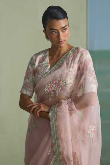 Buy Summer By Priyanka Gupta Pink Chanderi, Organza V-neck Alice Dori Embroidered Saree With Blouse Online at Aza Fashions Buy_Summer By Priyanka Gupta_Pink Chanderi, Organza V-neck Alice Dori Embroidered Saree With Blouse _Online_at_Aza_Fashions