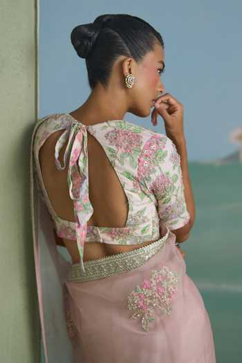 Shop Summer By Priyanka Gupta Pink Chanderi, Organza V-neck Alice Dori Embroidered Saree With Blouse Online at Aza Fashions Shop_Summer By Priyanka Gupta_Pink Chanderi, Organza V-neck Alice Dori Embroidered Saree With Blouse _Online_at_Aza_Fashions