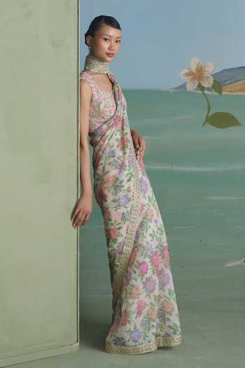 Buy_Summer By Priyanka Gupta_White Chanderi Square Neck Alicia Printed Saree With Blouse _Online_at_Aza_Fashions