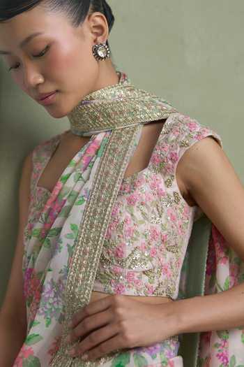 Shop_Summer By Priyanka Gupta_White Chanderi Square Neck Alicia Printed Saree With Blouse _Online_at_Aza_Fashions