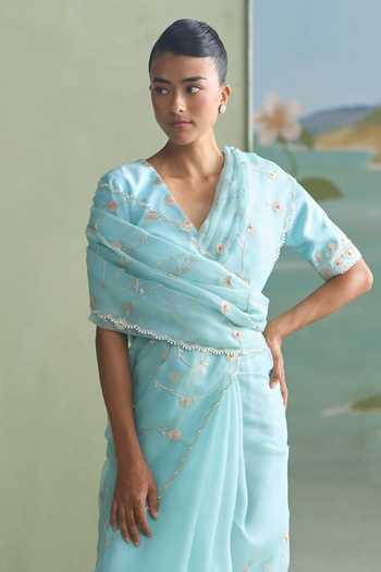 Shop_Summer By Priyanka Gupta_Blue Chanderi, Organza V-neck Clara Embroidered Saree And Blouse Set _Online_at_Aza_Fashions