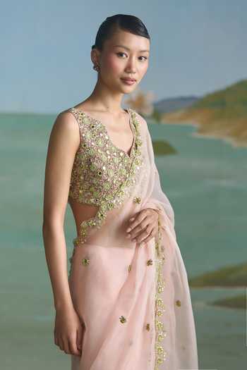 Summer By Priyanka Gupta_Pink Chanderi, Organza Sweetheart Neck Freya Sequin Work Saree With Blouse _Online_at_Aza_Fashions