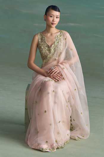 Buy_Summer By Priyanka Gupta_Pink Chanderi, Organza Sweetheart Neck Freya Sequin Work Saree With Blouse _Online_at_Aza_Fashions