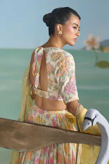 Summer By Priyanka Gupta_Multi Color Chanderi, Organza V-neck Cassia Embroidered Lehenga Set _Online_at_Aza_Fashions