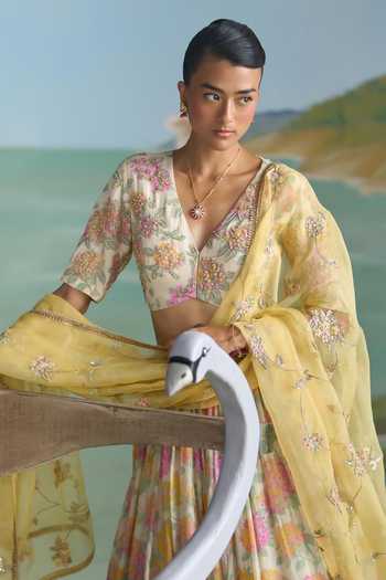 Buy_Summer By Priyanka Gupta_Multi Color Chanderi, Organza V-neck Cassia Embroidered Lehenga Set _Online_at_Aza_Fashions