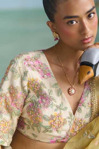 Summer By Priyanka Gupta_Multi Color Chanderi, Organza V-neck Cassia Embroidered Lehenga Set _at_Aza_Fashions
