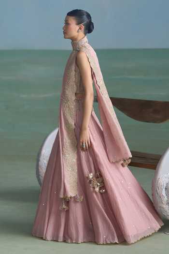 Summer By Priyanka Gupta_Pink Chanderi High Neck Vrinda Dori Work Lehenga Set _Online_at_Aza_Fashions