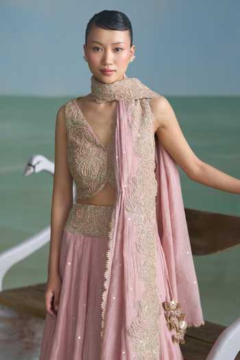 Shop_Summer By Priyanka Gupta_Pink Chanderi High Neck Vrinda Dori Work Lehenga Set _Online_at_Aza_Fashions