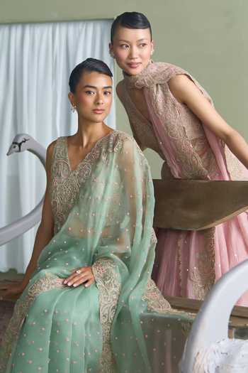 Summer By Priyanka Gupta Green Organza, Chanderi V-neck Vrinda Paisley Dori Embroidered Saree With Blouse Online at Aza Fashions Summer By Priyanka Gupta_Green Organza, Chanderi V-neck Vrinda Paisley Dori Embroidered Saree With Blouse _Online_at_Aza_Fashions